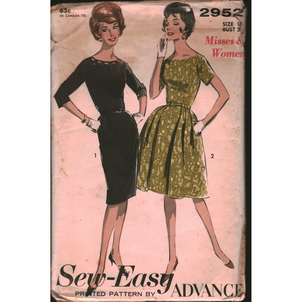 Vintage 1960s Advance Sew-Easy 2952 Dress Pattern Sheath Full Skirt Size 18 B 38